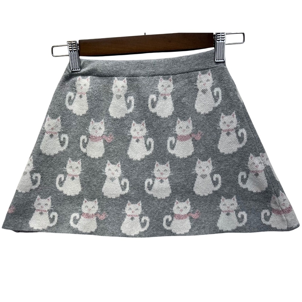 H&M Cat Print Knit Skirt Girls Size M 7/8 Heather Gray Pink A-Line Cotton Blend
